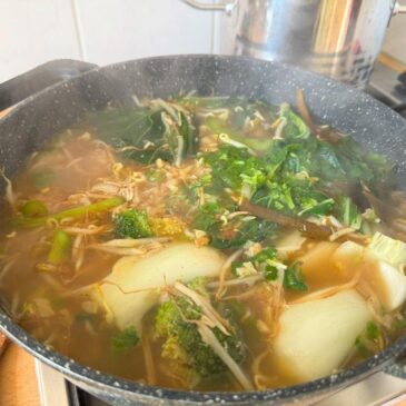 Asian noodle soup with chicken broth and veggies